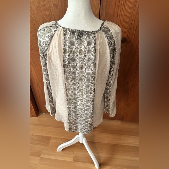 Roz Ali Boho Womens Long Sleeve Sheer Geometric Pattern Blouse Tie Neck Size Med - Picture 2 of 14